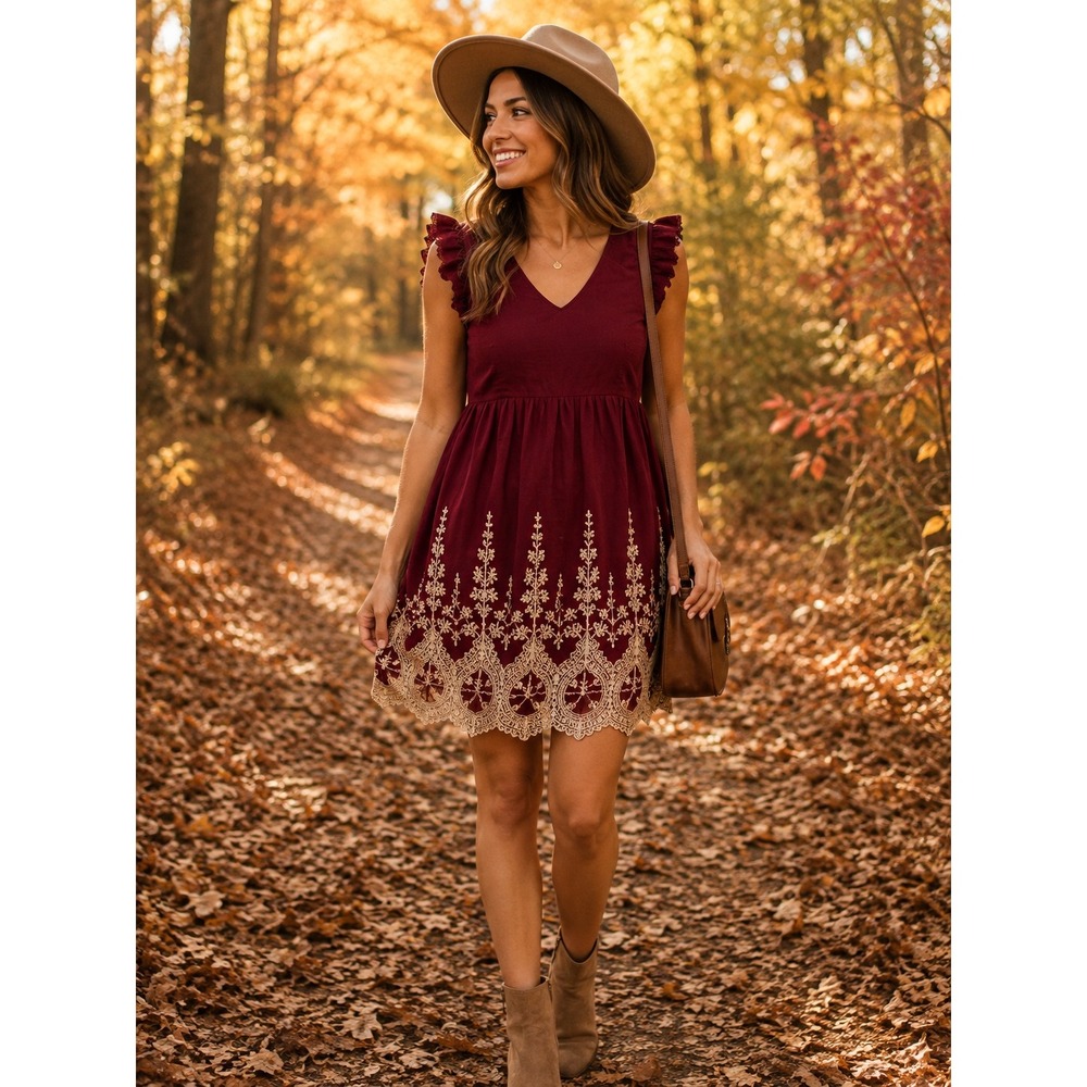 Altar'd State Burgundy Embroidered Lace Hem Babydoll Dress V-Neck Ruffle Small